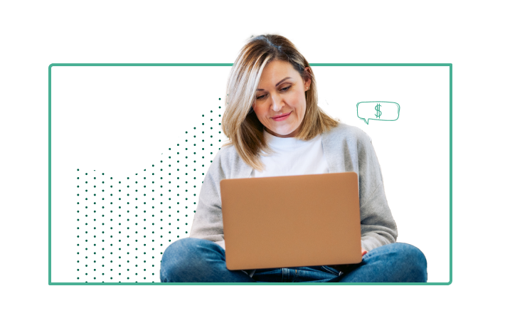 Woman sitting, working on laptop, researching personal finance